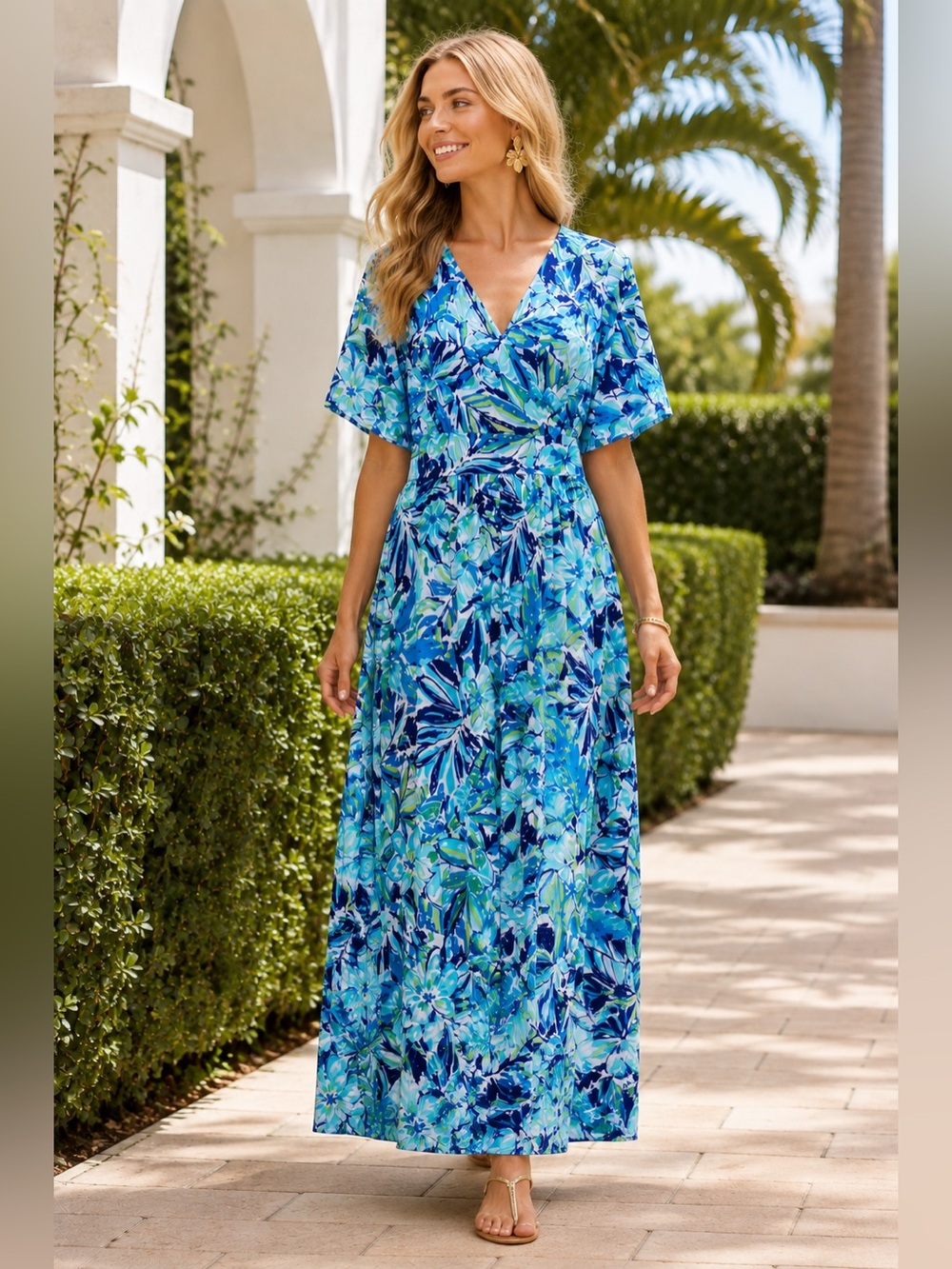 $119 PAPPAGALLO Maxi Dress Botanical TropicaL Jade Aqua Green Medium Stretch